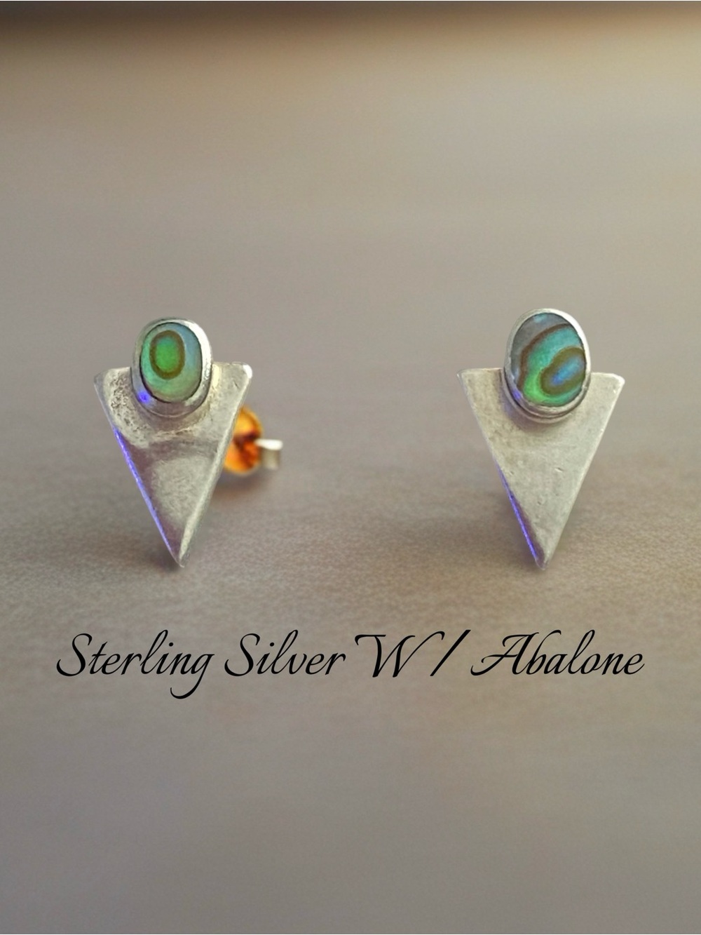 Vintage Sterling Silver Abalone Triangle Stud Earrings -
